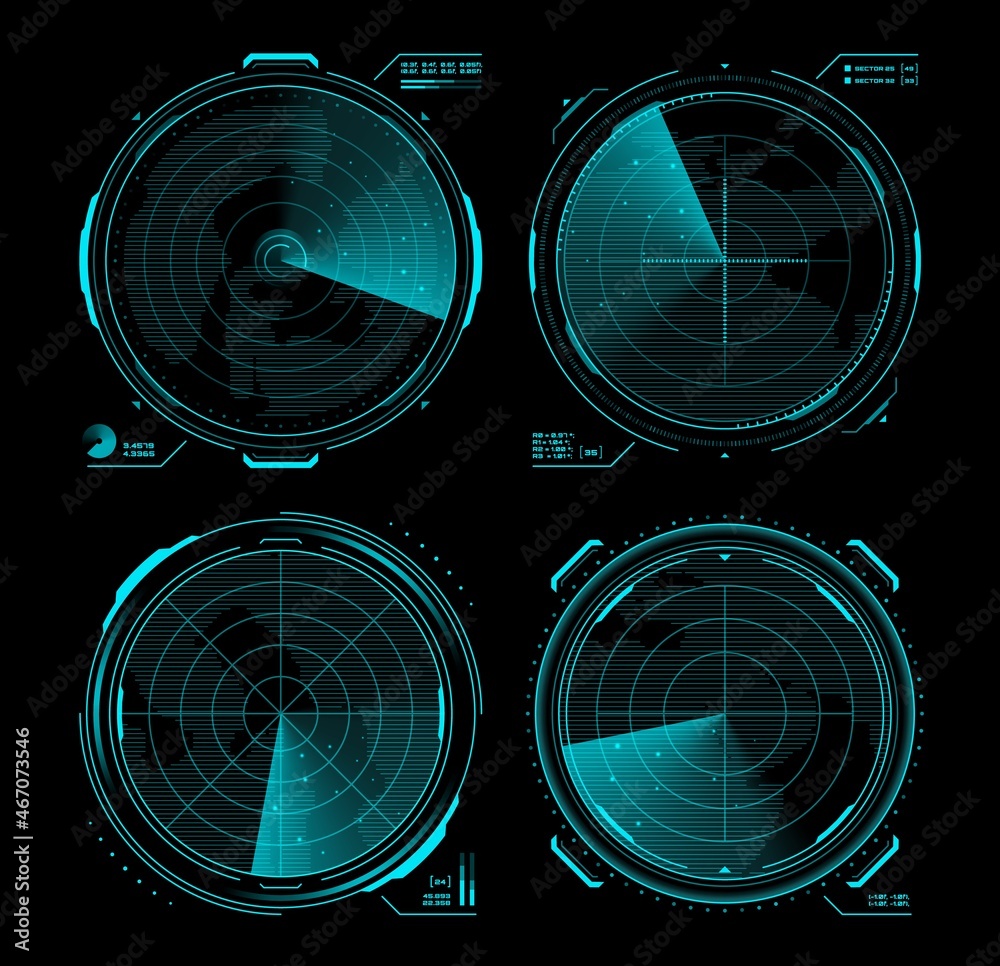 Fototapete HUD military traffic control, radar or sonar display screen interface. Navigation digital vector monitors with blue neon radar grid, map, target and blip objects, submarine, airplane navigation system