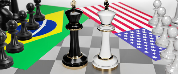 Brazil and USA - talks, debate, dialog or a confrontation between those two countries shown as two chess kings with flags that symbolize art of meetings and negotiations, 3d illustration