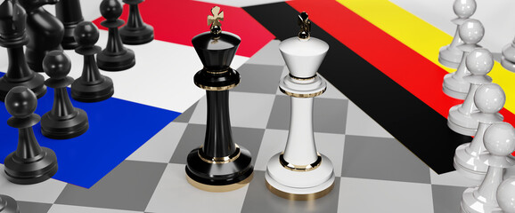 France and Germany - talks, debate, dialog or a confrontation between those two countries shown as two chess kings with flags that symbolize art of meetings and negotiations, 3d illustration