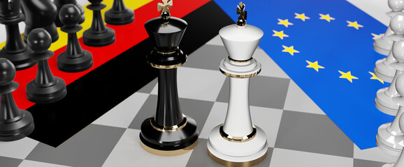 Germany and EU Europe - talks, debate, dialog or a confrontation between those two countries shown as two chess kings with flags that symbolize art of meetings and negotiations, 3d illustration