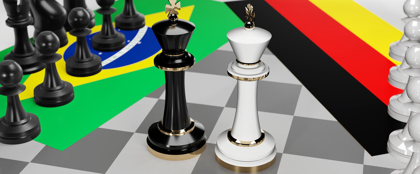 Brazil and Germany - talks, debate, dialog or a confrontation between those two countries shown as two chess kings with flags that symbolize art of meetings and negotiations, 3d illustration