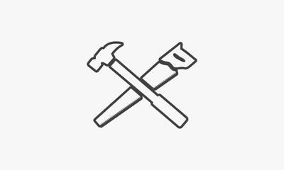 line icon hand saw hammer cross isolated on white background.