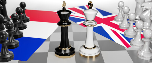 France and UK England - talks, debate, dialog or a confrontation between those two countries shown as two chess kings with flags that symbolize art of meetings and negotiations, 3d illustration