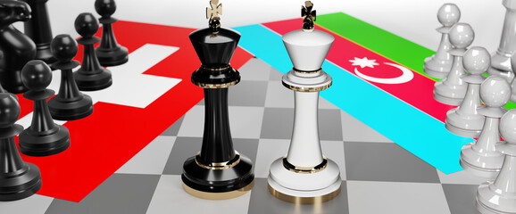 Switzerland and Azerbaijan - talks, debate, dialog or a confrontation between those two countries shown as two chess kings with flags that symbolize art of meetings and negotiations, 3d illustration