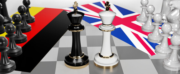 Germany and UK England - talks, debate, dialog or a confrontation between those two countries shown as two chess kings with flags that symbolize art of meetings and negotiations, 3d illustration