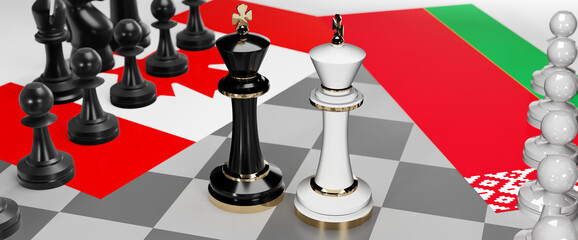 Canada and Belarus - talks, debate, dialog or a confrontation between those two countries shown as two chess kings with flags that symbolize art of meetings and negotiations, 3d illustration