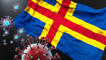 Aland Islands and the covid pandemic - corona virus attacking national flag of Aland Islands to symbolize the fight, struggle and the virus presence in this country, 3d illustration