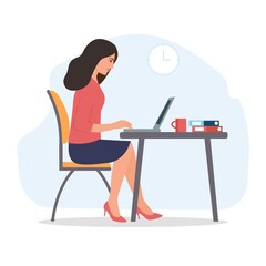 A young girl is sitting in an office and working on a laptop, looking at the screen. Working process. Business lady or company employee.Vector illustration