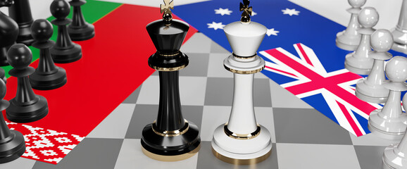 Belarus and Australia - talks, debate, dialog or a confrontation between those two countries shown as two chess kings with flags that symbolize art of meetings and negotiations, 3d illustration