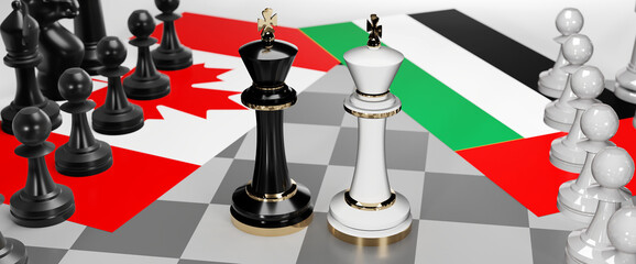 Canada and United Arab Emirates - talks, debate or dialog between those two countries shown as two chess kings with national flags that symbolize subtle art of diplomacy, 3d illustration