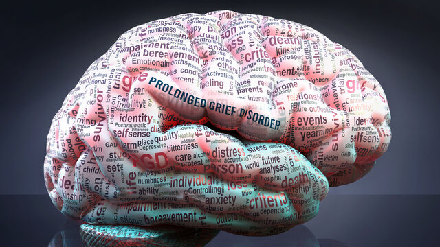 Prolonged grief disorder in human brain, hundreds of terms related to Prolonged grief disorder projected onto a cortex to show broad extent of this condition, 3d illustration
