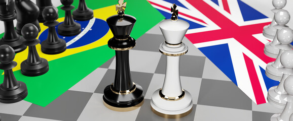 Brazil and UK England - talks, debate, dialog or a confrontation between those two countries shown as two chess kings with flags that symbolize art of meetings and negotiations, 3d illustration
