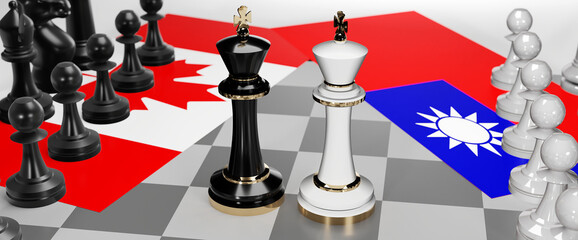 Canada and Taiwan - talks, debate, dialog or a confrontation between those two countries shown as two chess kings with flags that symbolize art of meetings and negotiations, 3d illustration