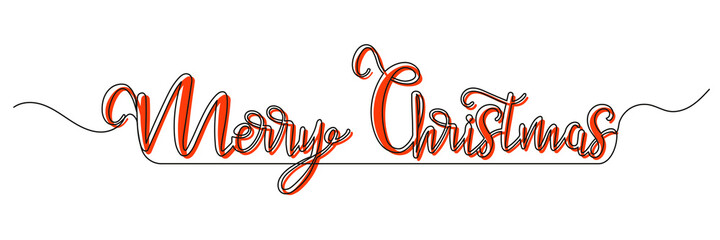 Continuous single line drawing of lettering Merry Christmas. Merry Christmas red isolated on white background. Vector illustration