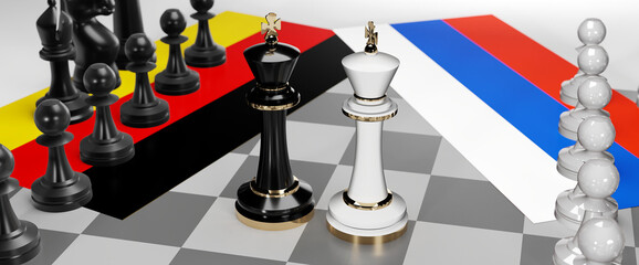 Germany and Russia - talks, debate, dialog or a confrontation between those two countries shown as two chess kings with flags that symbolize art of meetings and negotiations, 3d illustration
