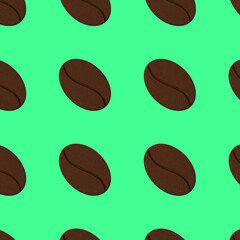 Drawing of images of coffee beans on the background of the color of green mint. template for overlaying on the surface. seamless pattern. 3D rendering. 3D image