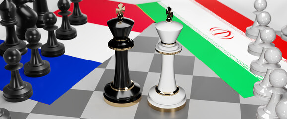 France and Iran - talks, debate, dialog or a confrontation between those two countries shown as two chess kings with flags that symbolize art of meetings and negotiations, 3d illustration