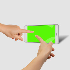 Female fingers pointing on modern mobile phone with green chroma key screen