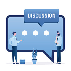 Discussion, office workers talking. Employees chatting about business projects. Two handsome businessmen and big speech bubble. Colleagues, teamwork concept.