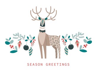 Christmas and new year postcard with deer animal