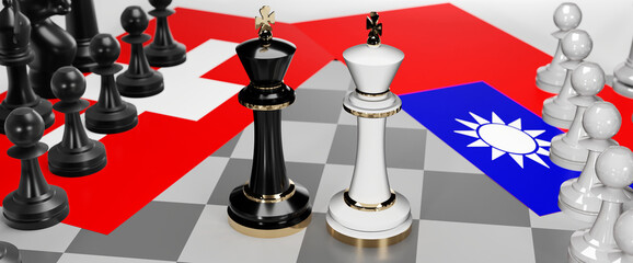 Switzerland and Taiwan - talks, debate, dialog or a confrontation between those two countries shown as two chess kings with flags that symbolize art of meetings and negotiations, 3d illustration