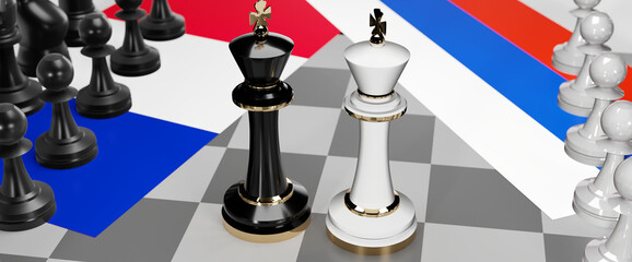France and Russia - talks, debate, dialog or a confrontation between those two countries shown as two chess kings with flags that symbolize art of meetings and negotiations, 3d illustration