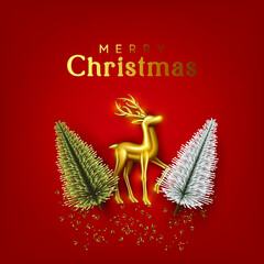 Christmas lush trees with realistic metallic gold-colored reindeer