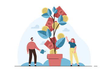Man and woman growing money tree plant with coins. Financial investing concept, saving and collecting money. Investment growth, increase wealth. Modern flat vector illustration