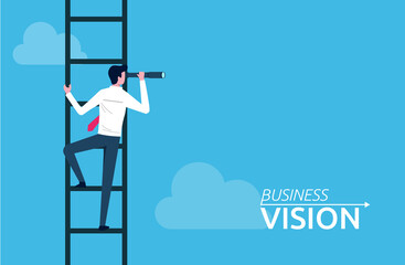 Business vision concept. Businessman standing on the ladder holding telescope looking into a distance