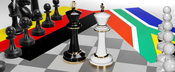 Germany and South Africa - talks, debate, dialog or a confrontation between those two countries shown as two chess kings with flags that symbolize art of meetings and negotiations, 3d illustration