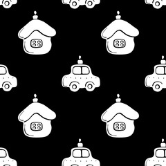 Vector seamless pattern with black silhouettes glass toys, decorations for xmas tree, flat style. Festive backgrounds and textures for Merry Christmas and happy New Year