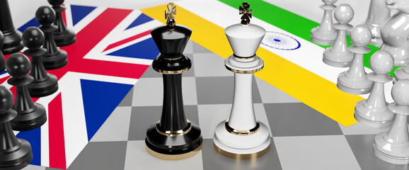 UK England and India - talks, debate, dialog or a confrontation between those two countries shown as two chess kings with flags that symbolize art of meetings and negotiations, 3d illustration