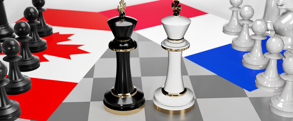 Canada and France - talks, debate, dialog or a confrontation between those two countries shown as two chess kings with flags that symbolize art of meetings and negotiations, 3d illustration