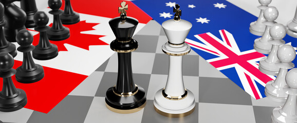 Canada and Australia - talks, debate, dialog or a confrontation between those two countries shown as two chess kings with flags that symbolize art of meetings and negotiations, 3d illustration