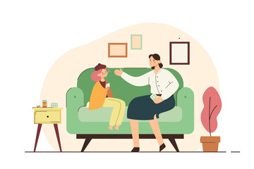 Woman giving medicine to a sick child with thermometer in mouth. Fever, illness, medication, high body temperature. Healthcare and isolation concept. Modern flat vector illustration