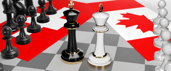 Switzerland and Canada - talks, debate, dialog or a confrontation between those two countries shown as two chess kings with flags that symbolize art of meetings and negotiations, 3d illustration
