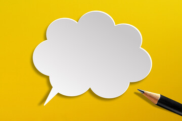 Empty white speech bubble with pencil on yellow background