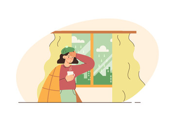 Sick woman with flu looking at window with hot drink in hand. Fever, illness, medication. Healthcare and isolation concept. Modern flat vector illustration