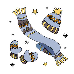 Set of winter knitted hats, scarf and mittens. Vector illustration.