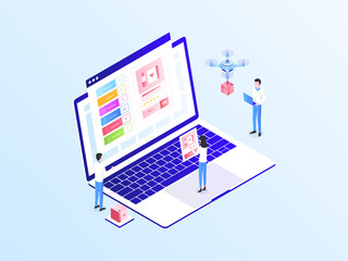 E-Commerce Omnichannel Order Isometric Illustration Light Gradient. Suitable for Mobile App, Website, Banner, Diagrams, Infographics, and Other Graphic Assets.