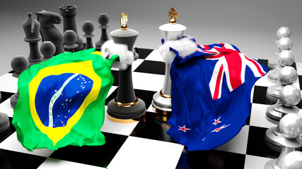 Brazil New Zealand crisis, clash, conflict and debate between those two countries that aims at a trade deal or dominance symbolized by a chess game with national flags, 3d illustration