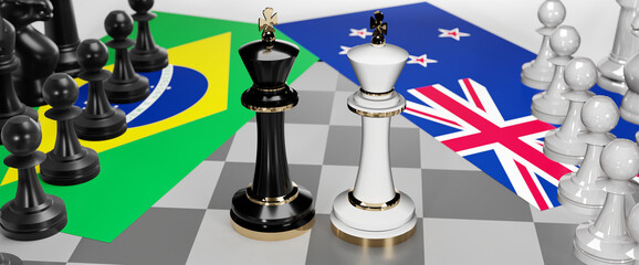 Brazil and New Zealand - talks, debate, dialog or a confrontation between those two countries shown as two chess kings with flags that symbolize art of meetings and negotiations, 3d illustration