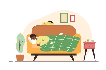 Black woman lying sick on the couch. Fever, illness, medication, high body temperature. Healthcare and isolation concept. Modern flat vector illustration
