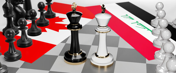 Canada and Iraq - talks, debate, dialog or a confrontation between those two countries shown as two chess kings with flags that symbolize art of meetings and negotiations, 3d illustration