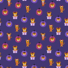 Seamless pattern with Christmas tigers. Design for fabric, textile, wallpaper, packaging, wrapping paper.	
