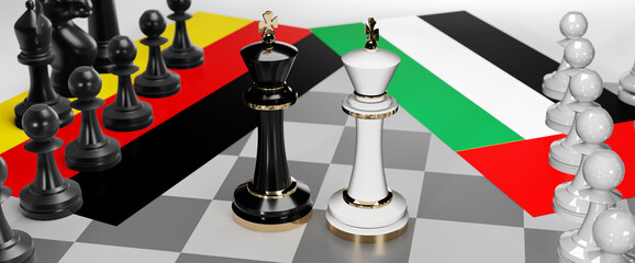 Germany and United Arab Emirates - talks, debate or dialog between those two countries shown as two chess kings with national flags that symbolize subtle art of diplomacy, 3d illustration