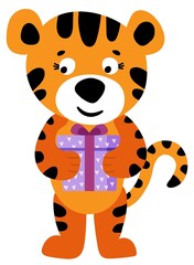 Hand-drawn tiger with a present. White background, isolate. Vector illustration.
