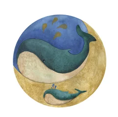 Behangcirkel Watercolor illustration of mother and baby whales in green, blue, yellow colors with splashes © kateluck71