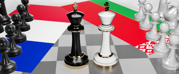 France and Belarus - talks, debate, dialog or a confrontation between those two countries shown as two chess kings with flags that symbolize art of meetings and negotiations, 3d illustration