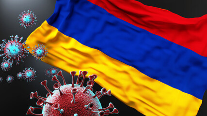 Armenia and the covid pandemic - corona virus attacking national flag of Armenia to symbolize the fight, struggle and the virus presence in this country, 3d illustration